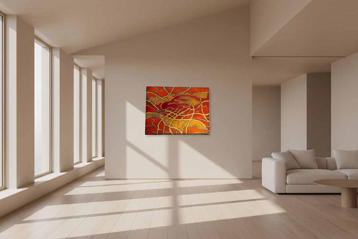 Abstract art piece with orange and red patterns on a beige wall