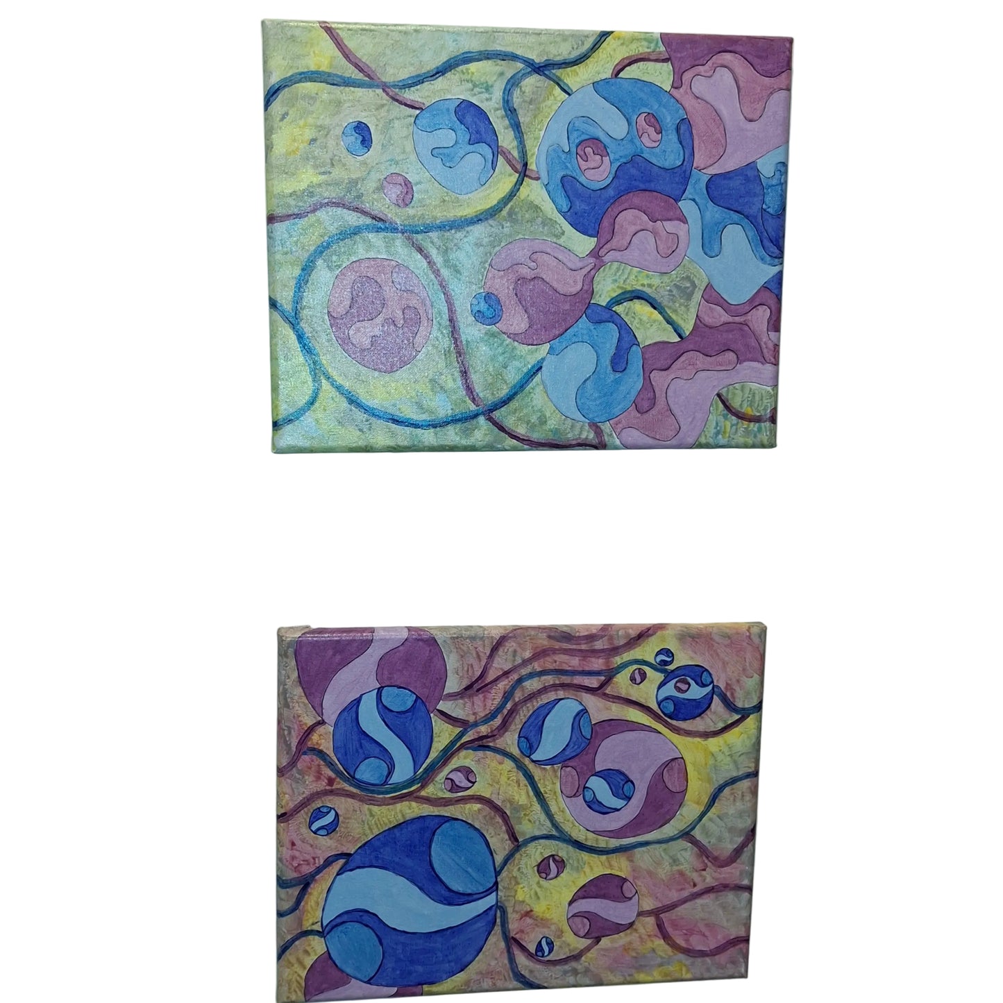 Two abstract art pieces with colorful patterns on a white wall.