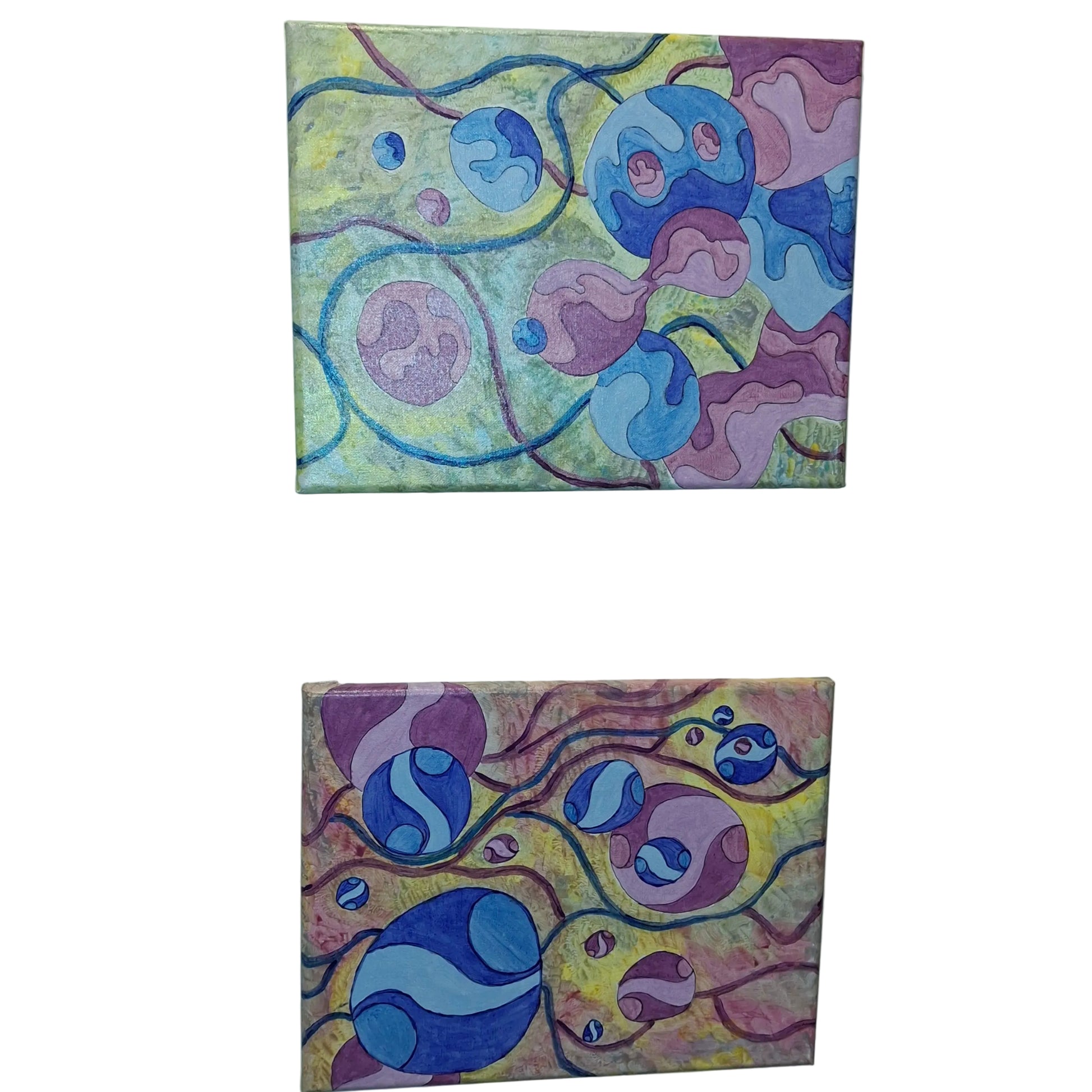 Two abstract art pieces with colorful patterns on a white wall.