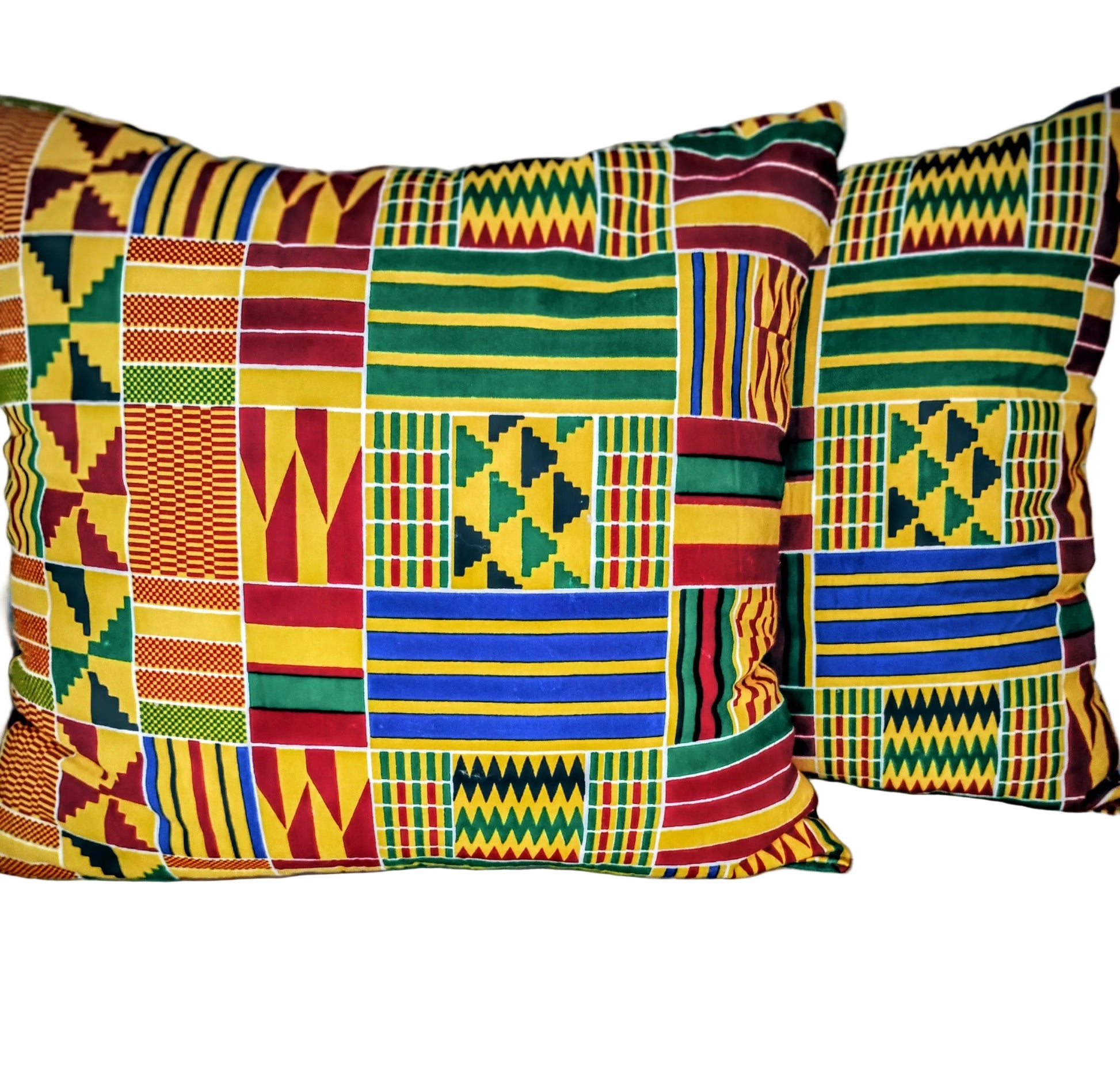 Two colorful Kente patterned pillows on a white background