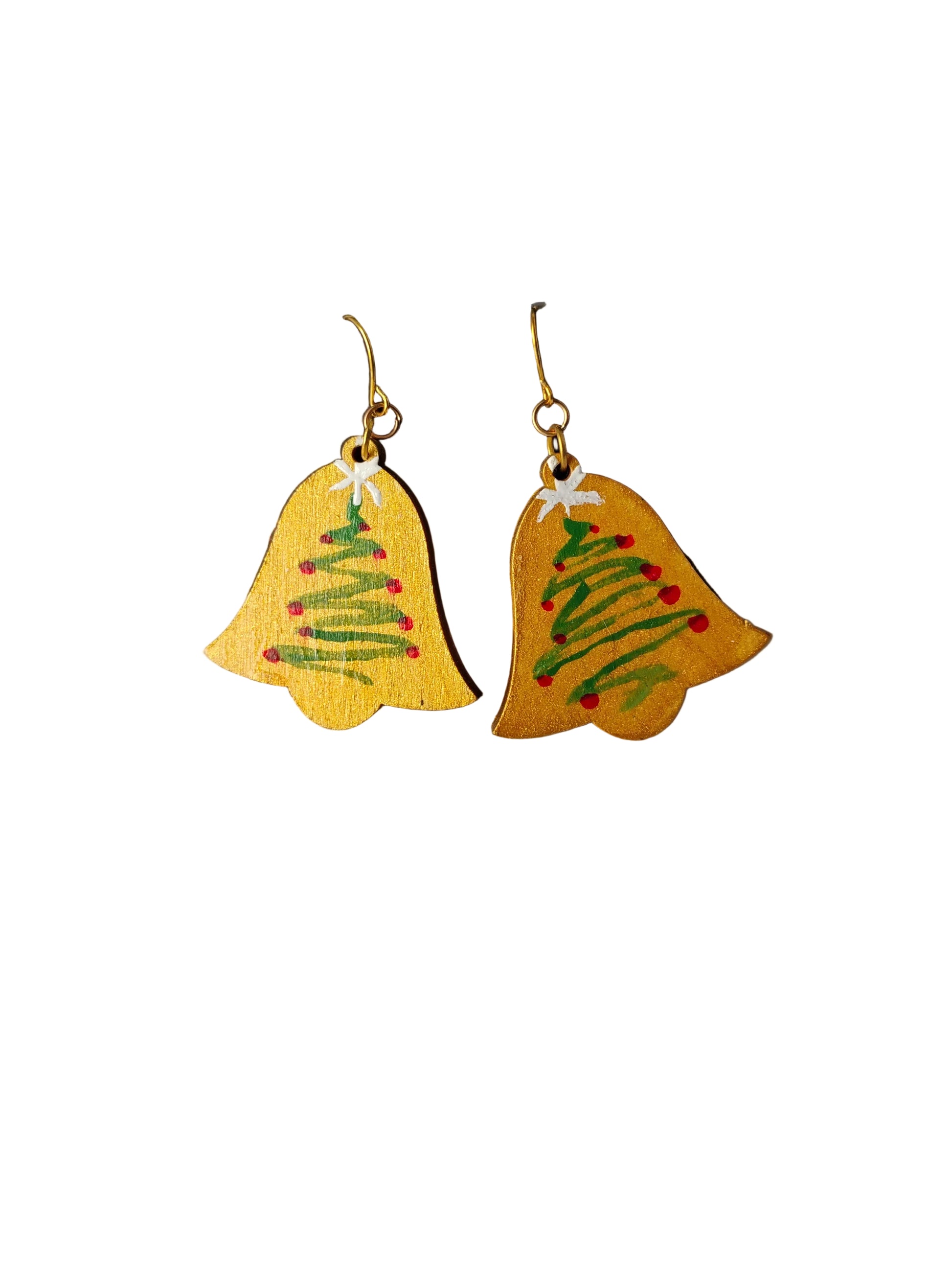 Yellow earrings with green and red accents on a black box against a white background