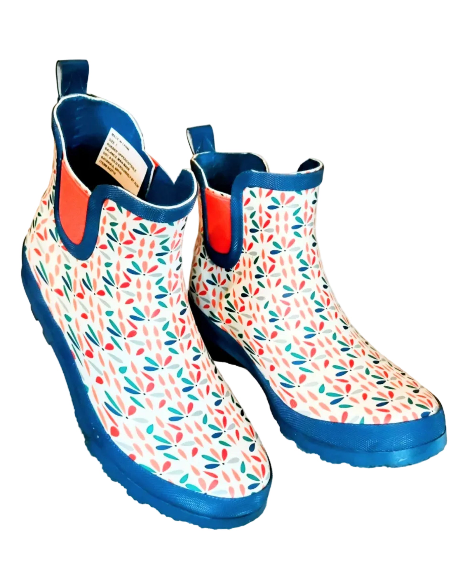 Pair of colorful rain boots with a pattern on a light background
